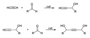 1,4-Butynediol is produced industrially in this way from formaldehyde and acetylene